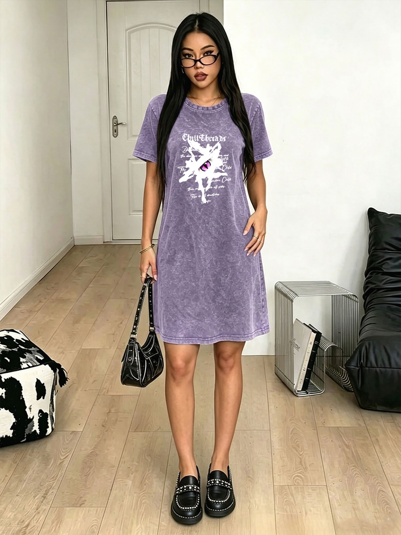 Streetwear Brand With Eye - Robe T-shirt vintage délavée pour femme,