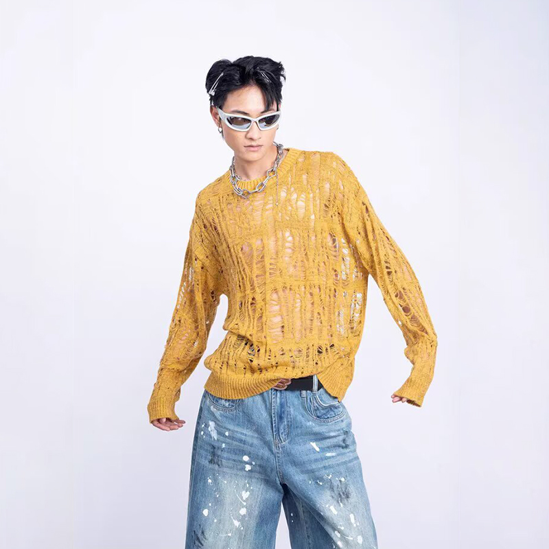 Vintage déchiré évider maille  - Streetwear Brand T Shirt avis et prix